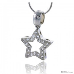 High Polished Sterling Silver 13/16" (21 mm) tall Star Cut Out Pendant, w/ 1.5mm Brilliant Cut CZ Stones, w/ 18" Thin Box Chain