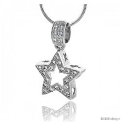 High Polished Sterling Silver 11/16" (17 mm) tall Star Cut Out Pendant, w/ 1.5mm Brilliant Cut CZ Stones, w/ 18" Thin Box Chain