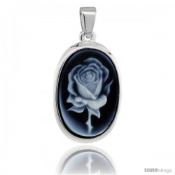 Sterling Silver Natural Blue Agate Cameo Rose Pendant 18x13mm