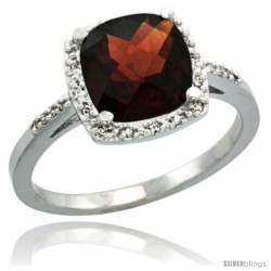 Sterling Silver Diamond Natural Garnet Ring 2.08 ct Cushion cut 8 mm Stone 1/2 in wide