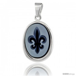 Sterling Silver Natural Blue Agate Cameo Fleur de Lis Pendant 14x10mm