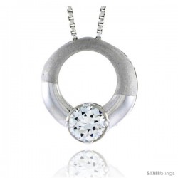 High Polished Sterling Silver 11/16" (17 mm) Round Pendant Slide, w/ 6mm Brilliant Cut CZ Stone, w/ 18" Thin Box Chain