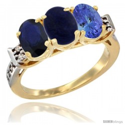 10K Yellow Gold Natural Blue Sapphire, Lapis & Tanzanite Ring 3-Stone Oval 7x5 mm Diamond Accent