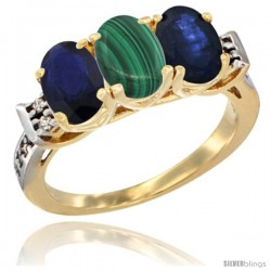 10K Yellow Gold Natural Malachite & Blue Sapphire Sides Ring 3-Stone Oval 7x5 mm Diamond Accent