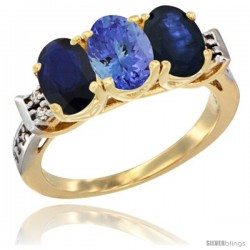 10K Yellow Gold Natural Tanzanite & Blue Sapphire Sides Ring 3-Stone Oval 7x5 mm Diamond Accent