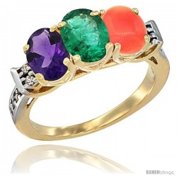 10K Yellow Gold Natural Amethyst, Emerald & Coral Ring 3-Stone Oval 7x5 mm Diamond Accent