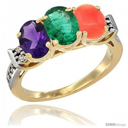 10K Yellow Gold Natural Amethyst, Emerald & Coral Ring 3-Stone Oval 7x5 mm Diamond Accent