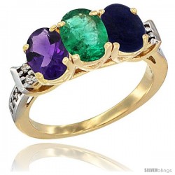 10K Yellow Gold Natural Amethyst, Emerald & Lapis Ring 3-Stone Oval 7x5 mm Diamond Accent