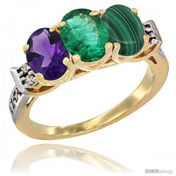 10K Yellow Gold Natural Amethyst, Emerald & Malachite Ring 3-Stone Oval 7x5 mm Diamond Accent