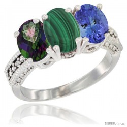 14K White Gold Natural Mystic Topaz, Malachite & Tanzanite Ring 3-Stone 7x5 mm Oval Diamond Accent