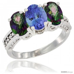 14K White Gold Natural Tanzanite & Mystic Topaz Sides Ring 3-Stone 7x5 mm Oval Diamond Accent