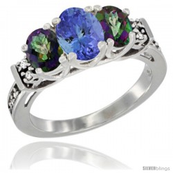 14K White Gold Natural Tanzanite & Mystic Topaz Ring 3-Stone Oval with Diamond Accent