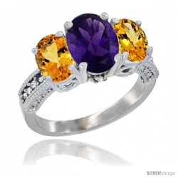 14K White Gold Ladies 3-Stone Oval Natural Amethyst Ring with Citrine Sides Diamond Accent