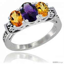 14K White Gold Natural Amethyst & Citrine Ring 3-Stone Oval with Diamond Accent