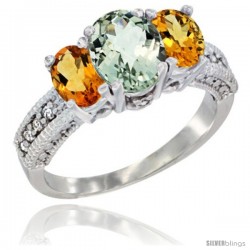 14k White Gold Ladies Oval Natural Green Amethyst 3-Stone Ring with Citrine Sides Diamond Accent