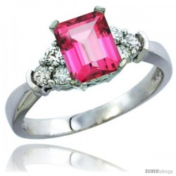 10K White Gold Natural Pink Topaz Ring Emerald-shape 7x5 Stone Diamond Accent