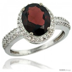 Sterling Silver Diamond Natural Garnet Ring Oval Stone 10x8 mm 2.4 ct 1/2 in wide