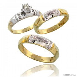 Gold Plated Sterling Silver Diamond Trio Wedding Ring Set His 5.5mm & Hers 4mm