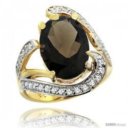 14k Gold Natural Smoky Topaz Ring Oval 14x10 Diamond Accent, 3/4 in wide