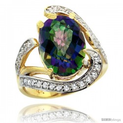 14k Gold Natural Mystic Topaz Ring Oval 14x10 Diamond Accent, 3/4 in wide