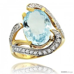 14k Gold Natural Aquamarine Ring Oval 14x10 Diamond Accent, 3/4 in wide