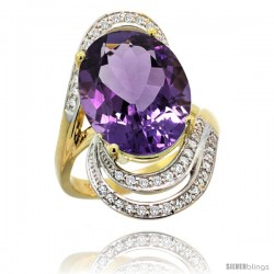 14k Gold Natural Amethyst Ring 16x12 mm Oval Shape Diamond Halo, 1 in