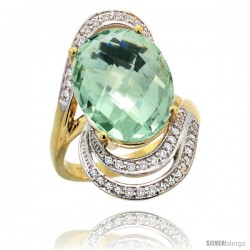 14k Gold Natural Green Amethyst Ring 16x12 mm Oval Shape Diamond Halo, 1 in