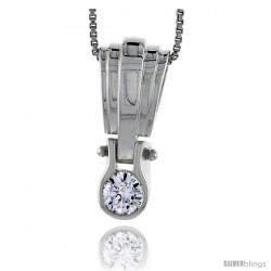 High Polished Sterling Silver 1" (25 mm) tall Pendant Enhancer, w/ 6mm Brilliant Cut CZ Stone, w/ 18" Thin Box Chain