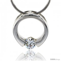 High Polished Sterling Silver 9/16" (15 mm) Round Pendant Slide, w/ 5mm Brilliant Cut CZ Stone, w/ 18" Thin Box Chain