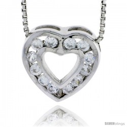 High Polished Sterling Silver 1/2" (13 mm) tall Heart Pendant Slide, w/ Twelve 2mm Brilliant Cut CZ Stones, w/ 18" Thin Box