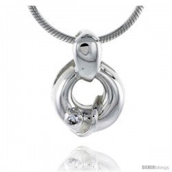 High Polished Sterling Silver 9/16" (14 mm) Round Pendant, w/ Brilliant Cut CZ Stone, w/ 18" Thin Box Chain