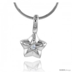 High Polished Sterling Silver 3/8" (10 mm) tall Star Pendant, w/ 2mm Brilliant Cut CZ Stone, w/ 18" Thin Box Chain