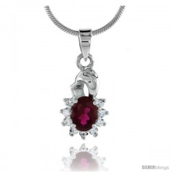 High Polished Sterling Silver 11/16" (17 mm) tall Cluster Pendant, w/ 7x5mm Oval Cut Garnet-colored & nine 2mm Brilliant Cut CZ