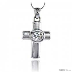 High Polished Sterling Silver 1 3/4" (45 mm) tall Latin Cross Pendant, w/ 10x8mm Oval Cut CZ Stone, w/ 18" Thin Box Chain