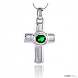 High Polished Sterling Silver 1 3/4" (45 mm) tall Latin Cross Pendant, w/ 10x8mm Oval Cut Emerald-colored CZ Stone, w/ 18" Thin