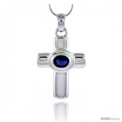 High Polished Sterling Silver 1 3/4" (45 mm) tall Latin Cross Pendant, w/ 10x8mm Oval Cut Blue Sapphire-colored CZ Stone