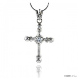 High Polished Sterling Silver 1 1/2" (38 mm) tall Crucifix Pendant, w/ 4mm Brilliant Cut CZ Stone, w/ 18" Thin Box Chain