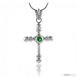 High Polished Sterling Silver 1 1/2" (38 mm) tall Crucifix Pendant, w/ 4mm Brilliant Cut Emerald-colored CZ Stone, w/ 18" Thin
