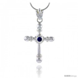 High Polished Sterling Silver 1 1/2" (38 mm) tall Crucifix Pendant, w/ 4mm Brilliant Cut Blue Sapphire-colored CZ Stone, w/ 18"