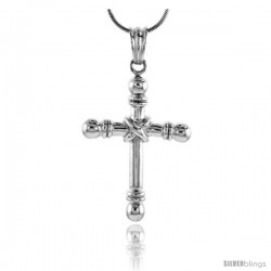 High Polished Sterling Silver 1 1/2" (38 mm) tall Fancy Crucifix Pendant, w/ 18" Thin Box Chain