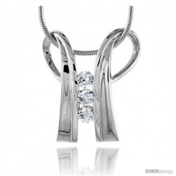 High Polished Sterling Silver 7/8" (23 mm) tall Double Loop Pendant, w/ 3mm Brilliant Cut CZ Stones, w/ 18" Thin Box Chain