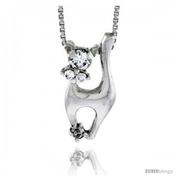 High Polished Sterling Silver 13/16" (20 mm) tall Cat Pendant, w/ one 4mm & two 2mm Brilliant Cut CZ Stones, w/ 18" Thin Box