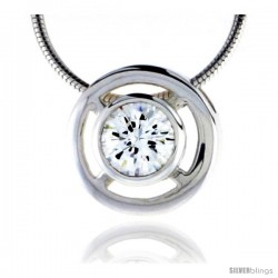 High Polished Sterling Silver 1/2" (13 mm) Round Pendant Enhancer, w/ 7mm Brilliant Cut CZ Stone, w/ 18" Thin Box Chain