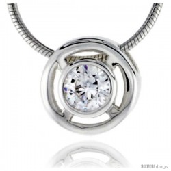 High Polished Sterling Silver 7/16" (11 mm) Round Pendant Enhancer, w/ 6mm Brilliant Cut CZ Stone, w/ 18" Thin Box Chain