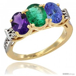 10K Yellow Gold Natural Amethyst, Emerald & Tanzanite Ring 3-Stone Oval 7x5 mm Diamond Accent