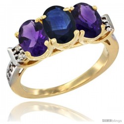 10K Yellow Gold Natural Blue Sapphire & Amethyst Sides Ring 3-Stone Oval 7x5 mm Diamond Accent