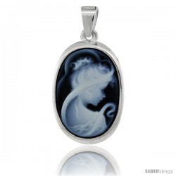 Sterling Silver Natural Blue Agate Cameo Fairy Pendant 18x13mm
