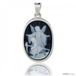 Sterling Silver Natural Blue Agate Cameo Guardian Angel w/ Little Girl Pendant 18x13mm