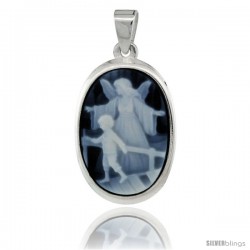 Sterling Silver Natural Blue Agate Cameo Guardian Angel w/ Little Boy Pendant 18x13mm