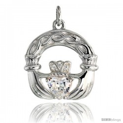 High Polished Claddagh Pendant in Sterling Silver w/ 6mm Heart-shaped CZ Stone, 13/16" (21 mm) tall